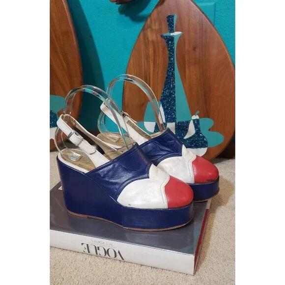 VTG 1960s 70s Platform Shoes Sandals Red White Blue Leather Mod